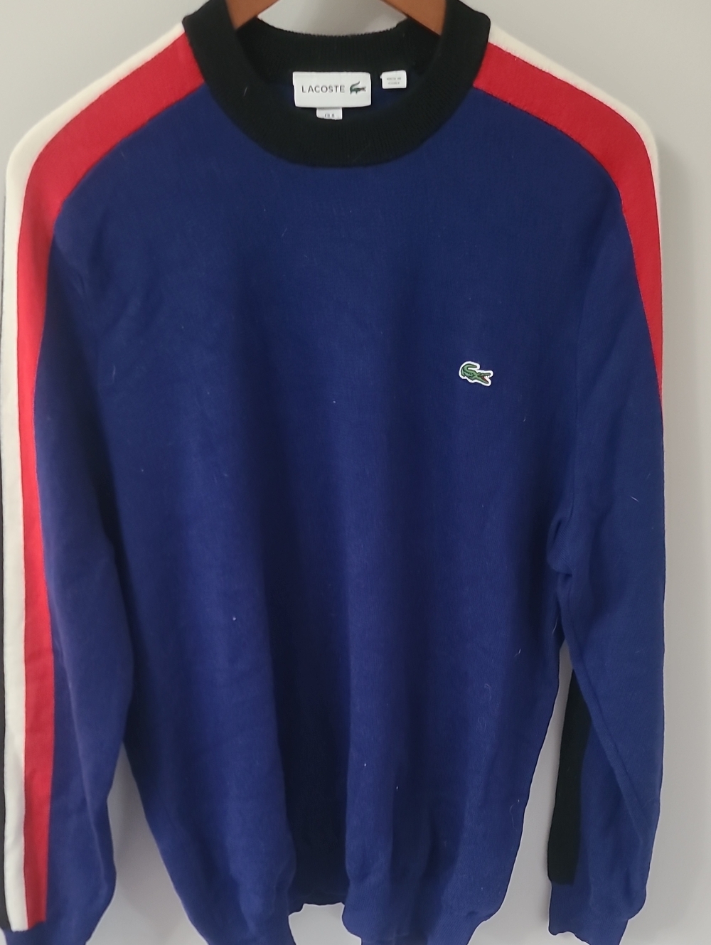 Lacoste Navy Crewneck Sweater with Red & White Shoulder Stripes